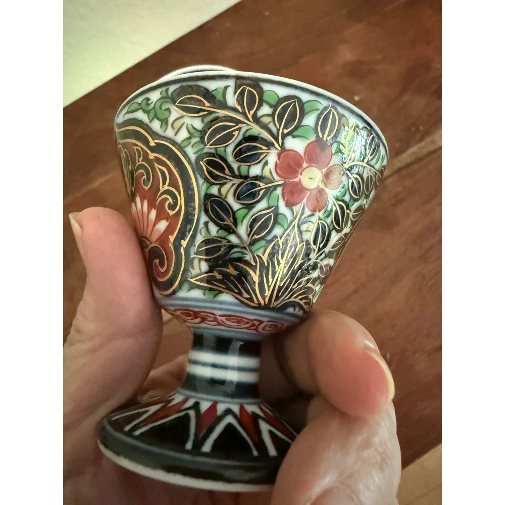 Vintage Japanese Imari Porcelain Sake Cups Set -2 Hand Painted Gold Gilt Footed